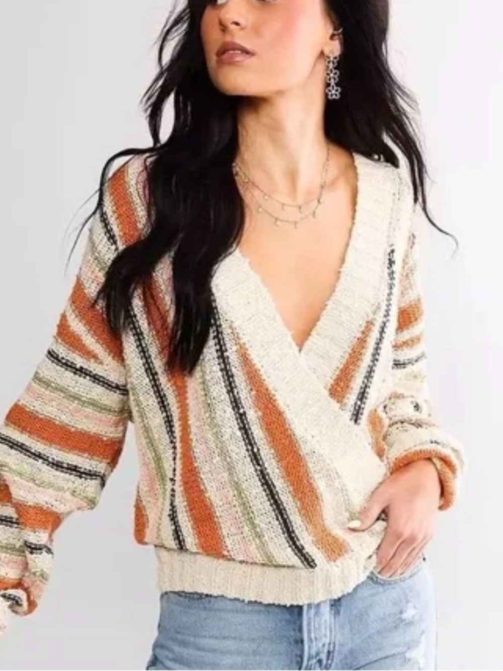 Billabong Cream, Rust & Black Striped V-Neck Sweater